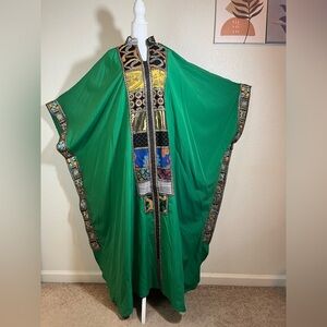 Green Embroidered Kaftan with Multicolor Trim